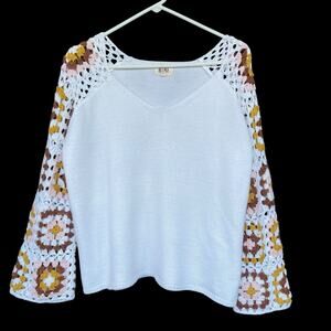 Bibi Womens Granny Square Sweater Small Beachy Cottage Crochet Hippie Vneck Boho